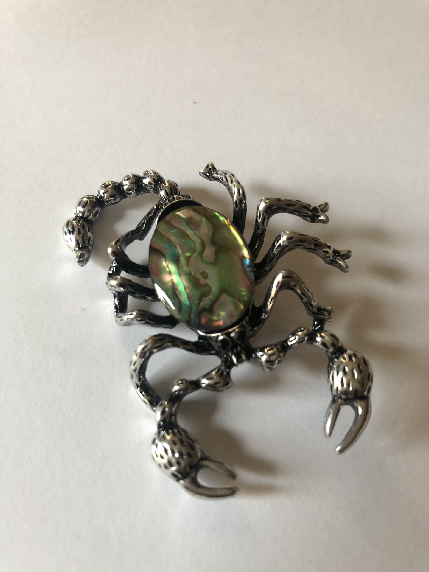 Carved Tibetan silver abalone shell scorpion shaped brooch