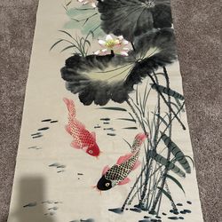 Hand Chinese Water Color Panting Fish And Flowers 