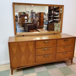 Mid Century Modern Walnut Triple Dresser With Mirror By JB Van Sciver - 9 Drawers