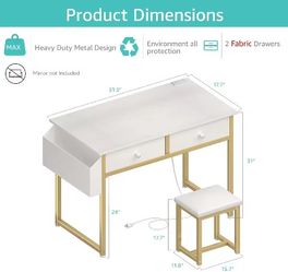 Makeup Desk with Chair for Girls, White Small Vanity Table Set with Fabric Drawers, Power Outlet