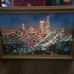 vintage illuminated "Brooklyn Bridge" artwork featuring the New York City skyline and the Twin Towers 26"×18" 
