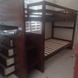 Solid Wood Twin Bunk Bed Frame Over Twin Bed w/ Side Storage Drawers