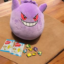 Pokémon Gengar Plush + Pokémon Croc Charms (7) + (2) Pokemon Erasers 