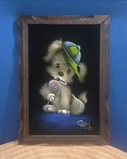 Vintage Black Velvet Puppy Painting ~ Carved Wood Frame 21"×15" ~ Neon Style