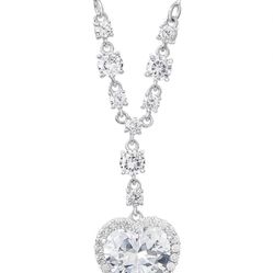 Women's Silver Plated Cubic Zirconia Heart Pendant Necklace, 18"