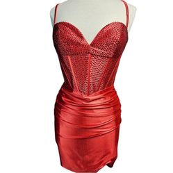 Stella Couture RED Gemstone Corset Top Mini Dress