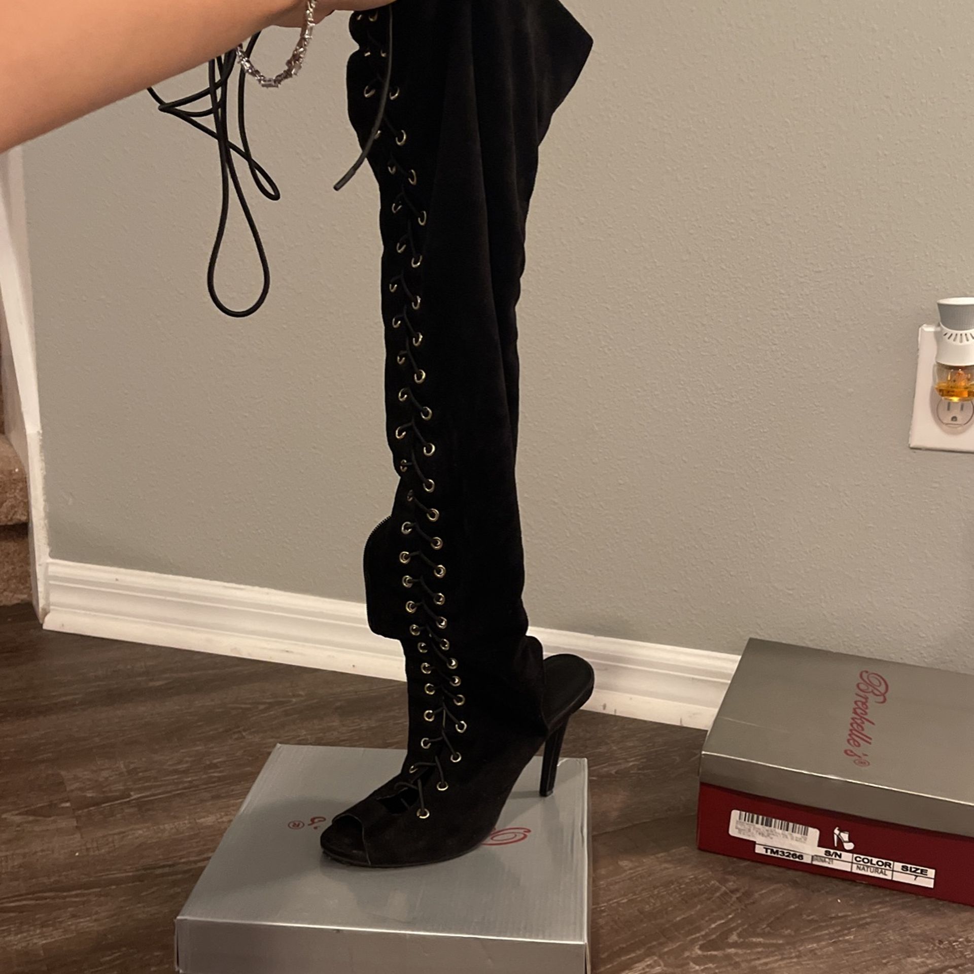 Open Back, Open Toe, Zip Up Black Thigh High Boots Size 8.