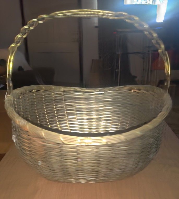 Metal Woven Basket 9.5" Long 4" Deep with folding Handle vintage 1980s