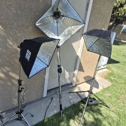  studio photography lighting kit, specifically softbox lights on stands.