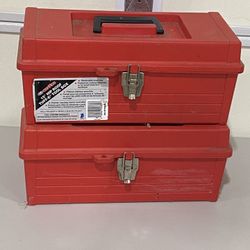 Two Red Plastic Toolboxes