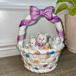 Vintage GAC Ceramic Colorful Easter Basket, 3 Kittens Playing Climbing Cats(17)