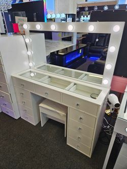 Super Deal Vanity Set White 11 Drawers XL Mirror 3 Color Lights Power Outlet & Dryer Rack From $489 Now $399 FREE Stool
