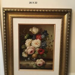 Textured Floral oil painting on canvas, in ornate gold frame, like new condition 