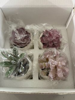 New 4 pc small purple faux succulent in white pots decoration set