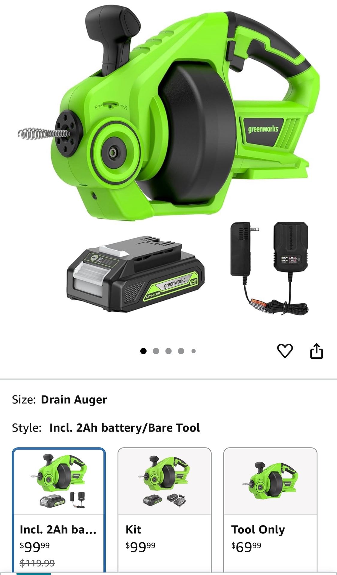 New Greenworks 24V Cordless Plumbing Drain Auger / Snake (23-FT / 560 RPM) For Unclogging Sinks, Shower Drains, Toilets, and More! (3/4"-2" Pipes), 2.