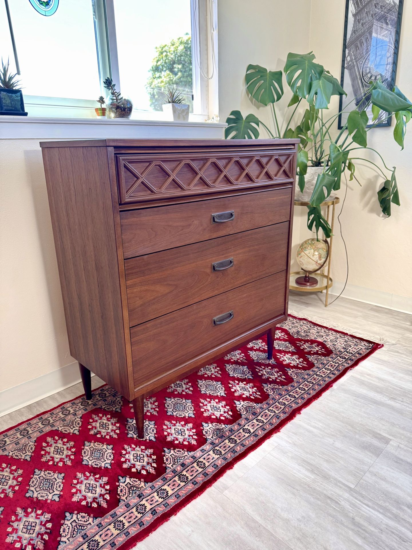 Vintage Mid Century Modern Walnut Wooden Highboy Dresser by Bassett