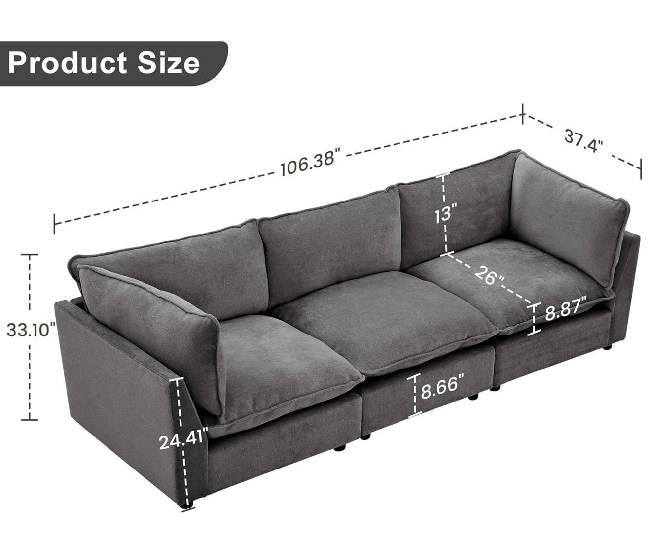 Oversized Modular Sectional Sofa, Chenille Cloud Couch Deep Seat, 3-Seater Modular Sofa Couch for Living Room, Dark Grey  (FN108)