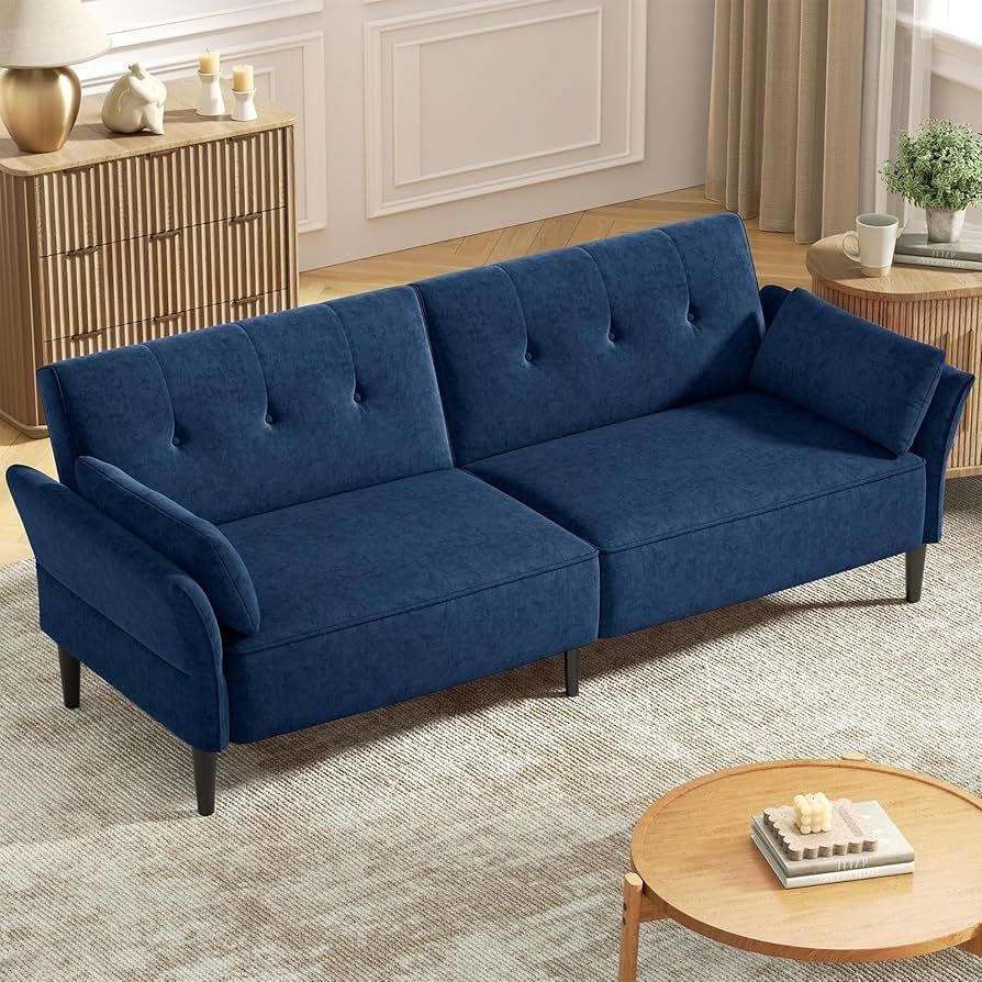 89” Futon Sofa Bed, Velvet Fabric Comfy Futon Couch Bed with 2 Square Pillows, Convertible Sleeper Sofa with Adjustable Backrest& Armrests,