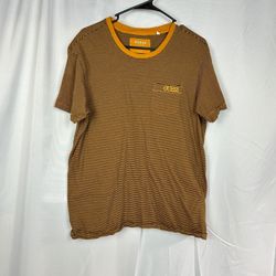 Guess Mens L Striped Pocket Tee Yellow Navy Cotton
