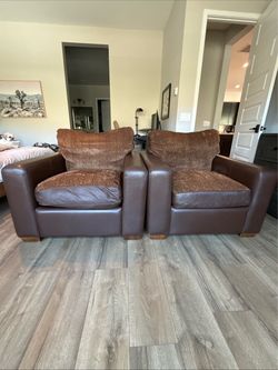2 Brown Custom Leather & Corduroy Armchairs for Livingroom Bedroom