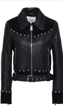MAJE Barisco Leather Biker Jacket EU40 US8 Grommets Zipped Belted