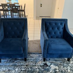 Set Of Blue Suede Studded Chairs New 