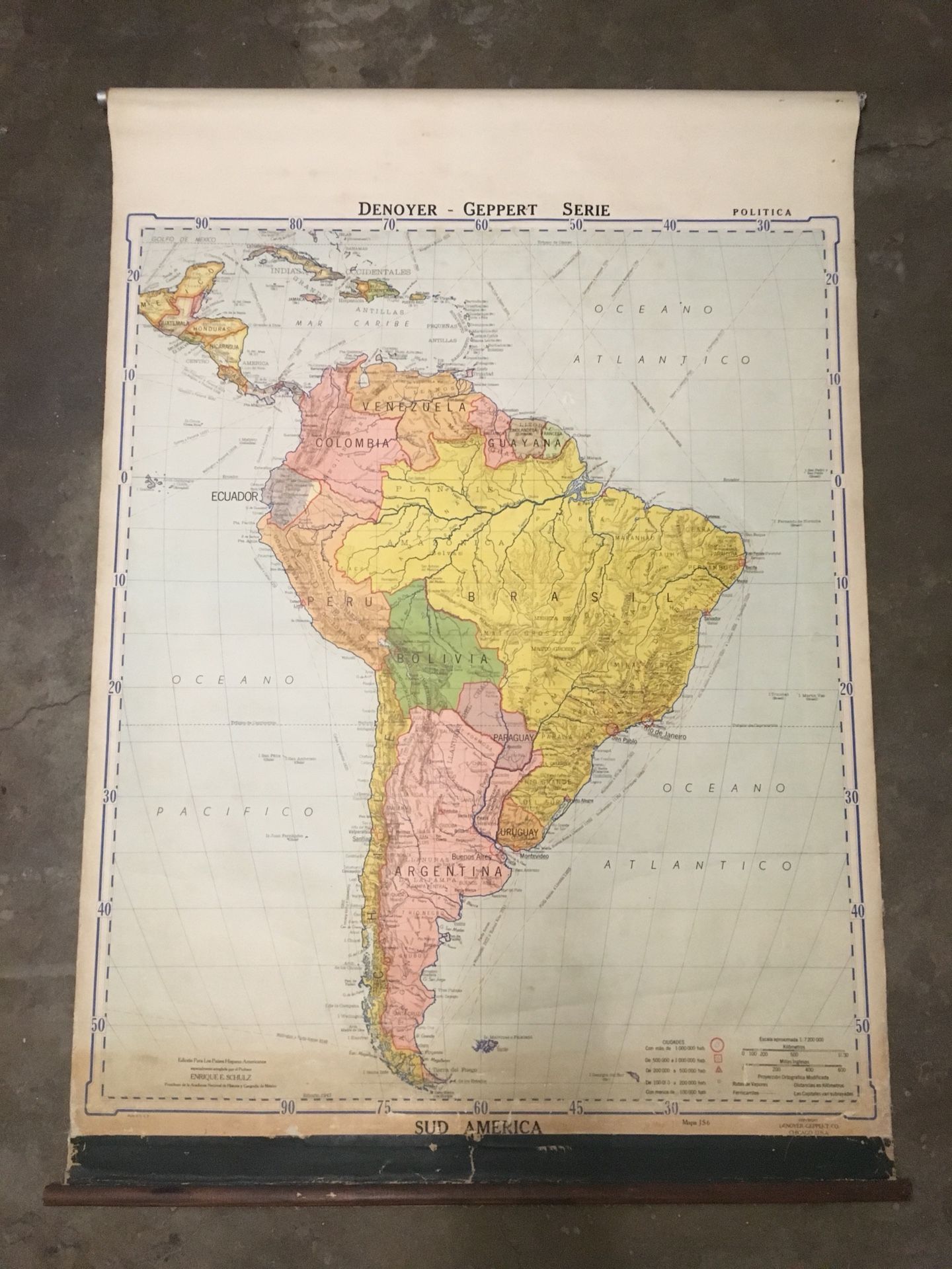 Vintage South America School Map 1943