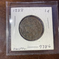 Rare Vintage 1838 US Large 1¢ Cent Copper Penny
