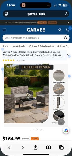 Garvee 4-Piece Rattan Patio Conversation Set, Brown Wicker Outdoor Sofa Set with Cream Cushions & Glass Table