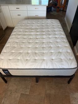 Full-sized bed with frame (assembled), Sealy posturepedic mattress, headboard (assembled) , hardware to attach to bed, and unopened mattress pad prote