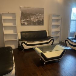 Black And White Sofa loveseat, and chair And Glass Table