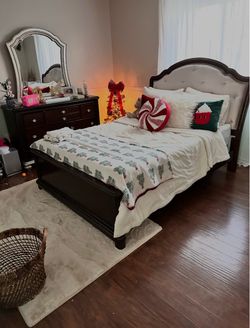 Mahogany  Wood  color Upholstered Bed Frame and dresser with mirror