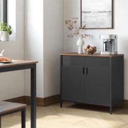 Storage Cabinet, Metal Cabinet, Sideboard with 2 Doors, 15.7 x 31.5 x 29.9 Inches, Magnetic Closure, Adjustable Shelf, Steel Frame, Rustic Brown and B