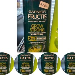 Set of FIVE (5) Garnier Fructis Grow Strong 2 in 1 Cooling Fortifying Shampoo & Conditioner 12.5 Oz