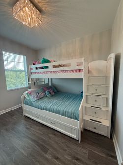 Rooms To Go Cottage Colors Twin Bunk Bed with Storage Stairs, Trundle & Matching Dresser