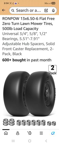 RONPOW 13x6.50-6 Lawn Mower Flat Free Tires and Wheels, 13x6.5-6 Heavy Duty Solid Front Tire for Zero Turn Mowers, 500Lbs Load, Universal 3/4", 5/8" a