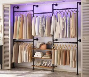 #B Expandable Industrial Pipe Clothing Rack 7.3-10.9Ft Reversible L Shaped Rustic Brown $ 90