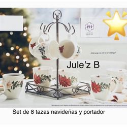 Princess House Set De 8 Tazas Navideñas Y Portador Para Tazas , No Se Venden Por Separado 