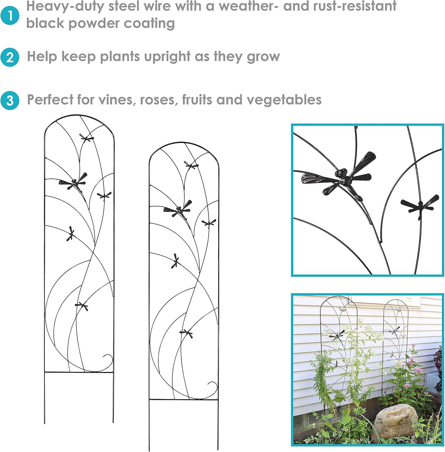 Sunnydaze Dragonfly Delight 55-Inch Metal Garden Trellis for Climbing Outdoor Plants - Set of 2 - Black
