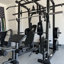 SMITH MACHINE/ PULLEY SYSTEM/ SQUAT RACK/ ADJUSTABLE BENCH/ BARBELL/ OLYMPIC BUMPER PLATES/ GYM EQUIPMENT/ FREE DELIVERY 🚚 