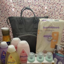 Baby Stuff - Baby Lotion, Baby wash and shampoo, Baby bottles, Enfamil Formula and Newborn Diapers + Diaper bag