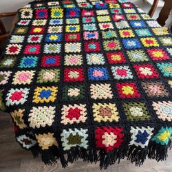 VTG Hand Made Crochet Granny Black Multi Colored Square Throw Blanket 70X45