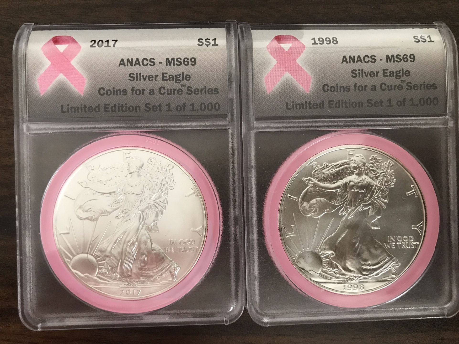 1998 & 2017 $1 Silver American Eagle - Pink Breast Cancer Ribbon ANACS MS69 Limited Edition To Only 1000 Very Rare