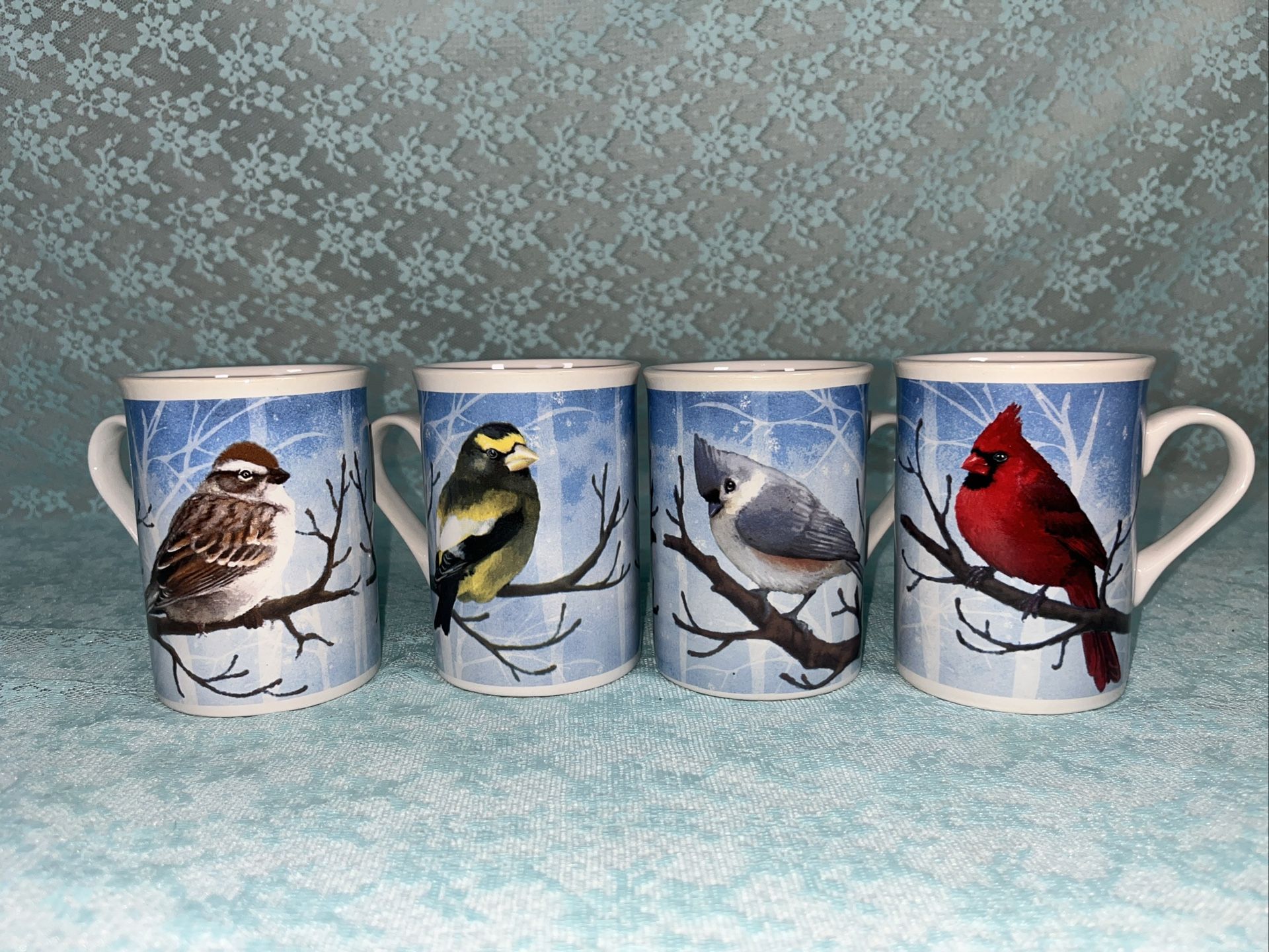 Vintage Colorful Bird Scene Cups/Mugs Produced for Designpac Inc. Set of Four (4)
