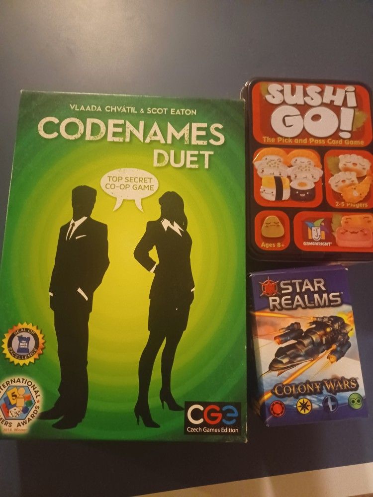 Lot Of 3 Card Games. Codenames Duet, Sushi Go Star Realms Colony Wars