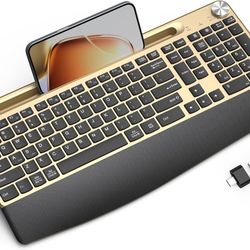 Ergonomic Wireless Keyboard with Wrist Rest-Low-Profile, Full Size Cordless USB, Phone/Tablet Holder, Quiet Design, Windows & Mac OS,  Gold 