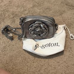 Brighton Metallic Pewter Floral Rosette Crossbody Bag