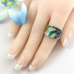 Green Leaf Enamel Sterling Silver Ring, Size 8