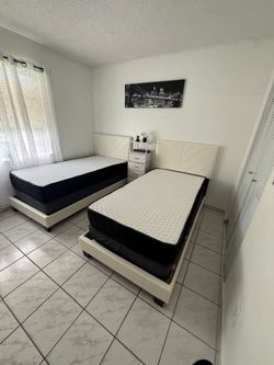 White Faux Leather Bed Frame with Mattress