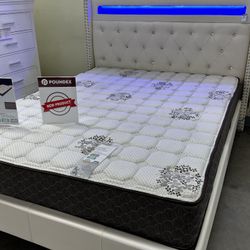 Queen Bed Platform Bed W/ Charging Station & Built-In LED Lights/mattress Included. 💢 Cama Queen Size Con Luz Led  / Colchon Incluido / Color Blanca